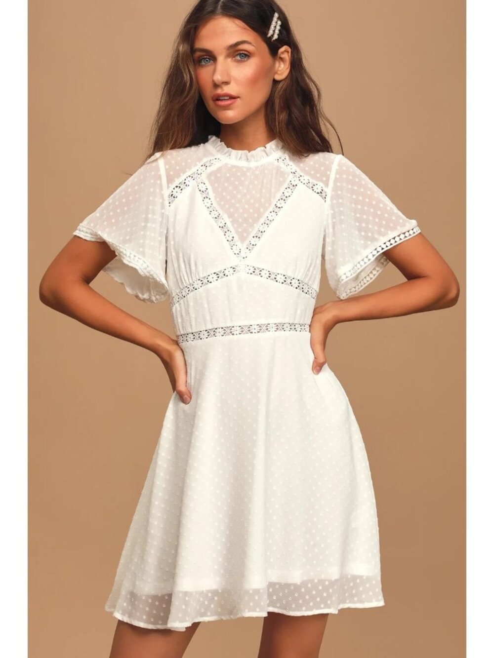 Lulus Dress Womens Small Fairy Tale Romance White Swiss Dot Backless Cutout Lace